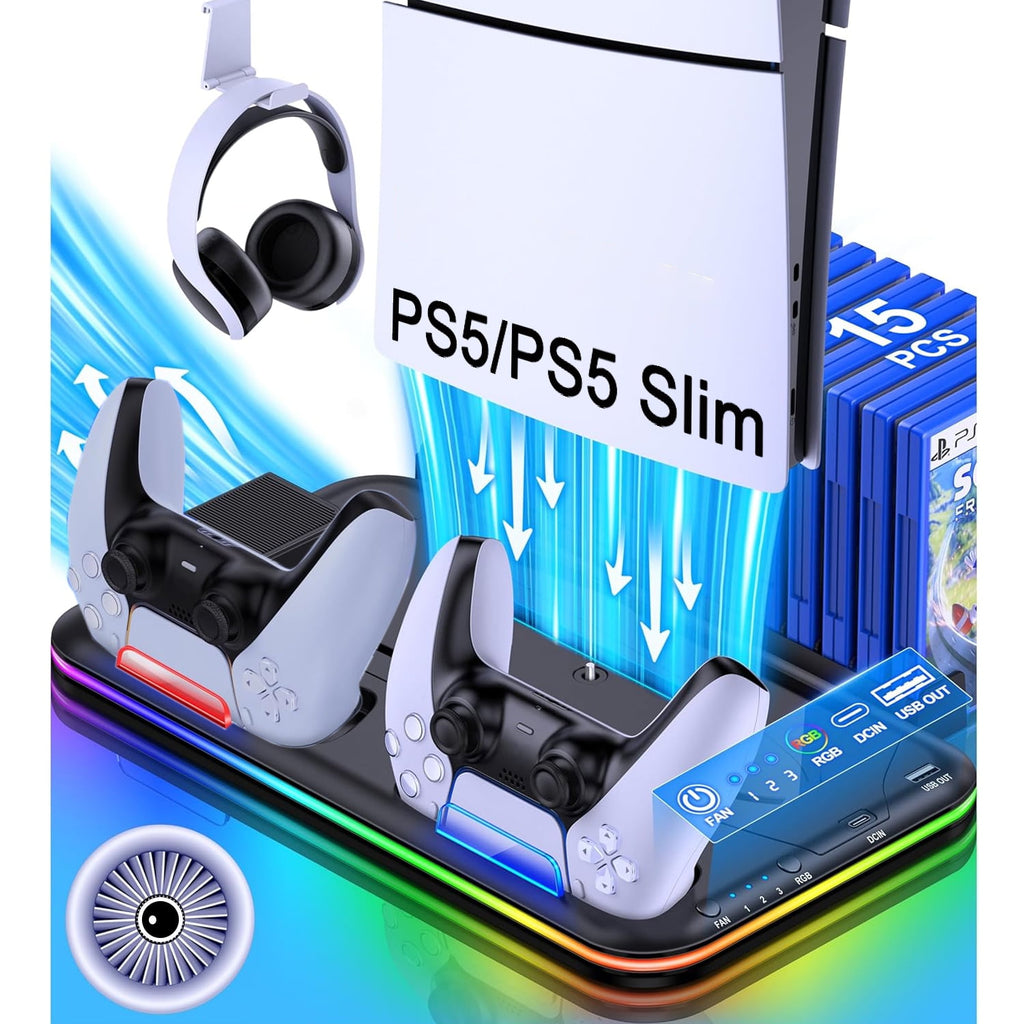 PS5 Slim Stand and Turbo Cooling Station with Controller Charging Station for Playsation 5 PS5 Accessories Incl. 3 Levels Cooling Fan RGB Light 15 Game Storage Headset Holder for PS5 Digital/Disc