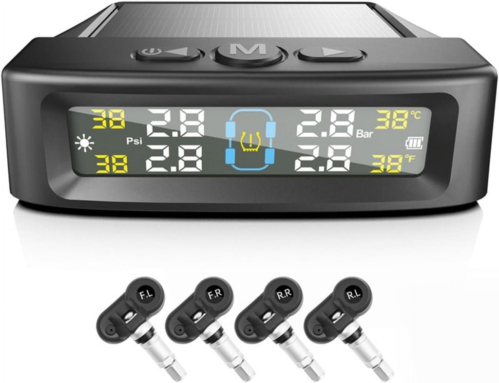 RV Tire Pressure Monitoring System Tire Pressure Monitor with Solar Charge LCD Display Auto Sleep Mode for Trailer Truck Off Road Pickup(4 Sensors Built In Voice Version)