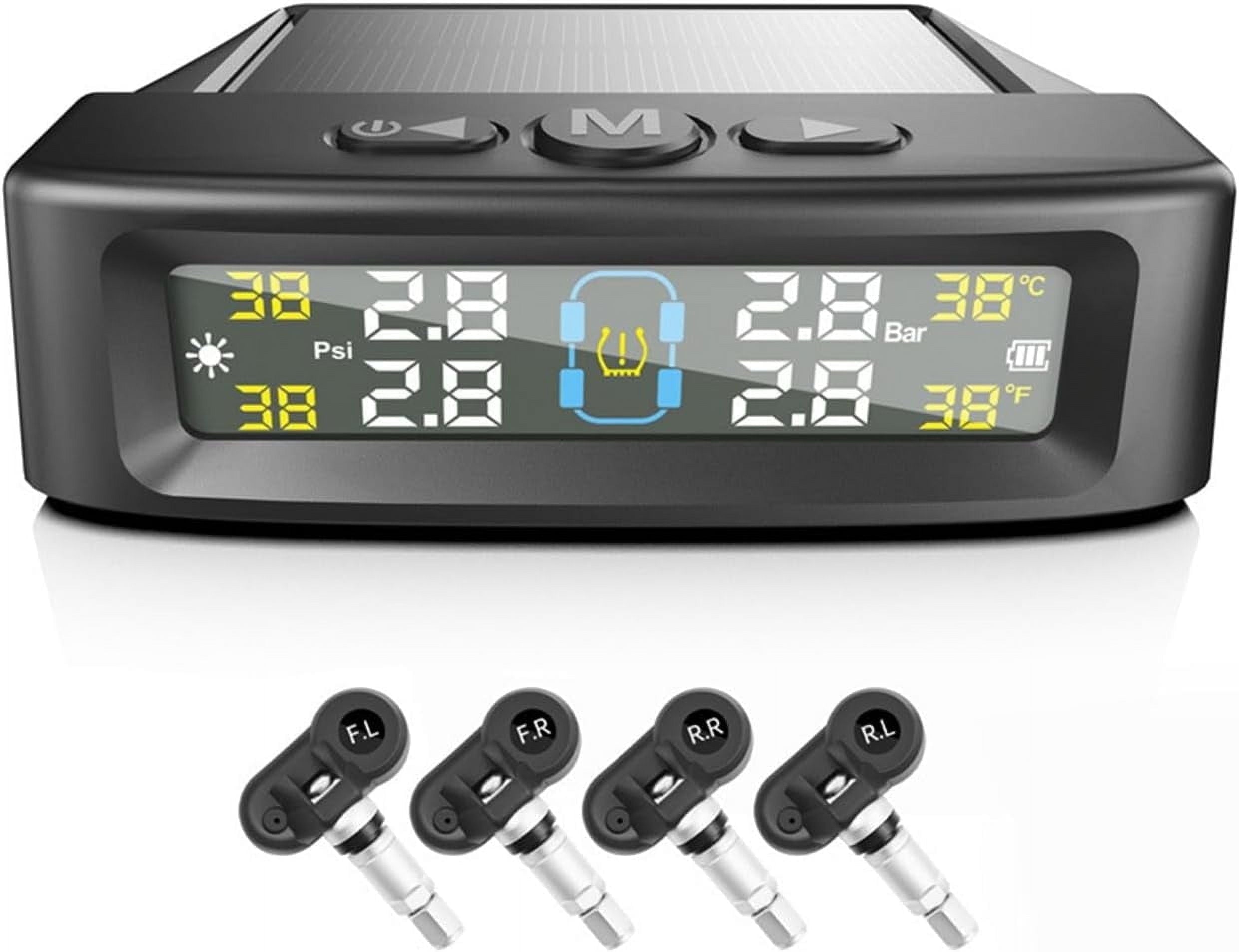 RV Tire Pressure Monitoring System Tire Pressure Monitor with Solar Charge LCD Display Auto Sleep Mode for Trailer Truck Off Road Pickup(4 Sensors Built In Voice Version)
