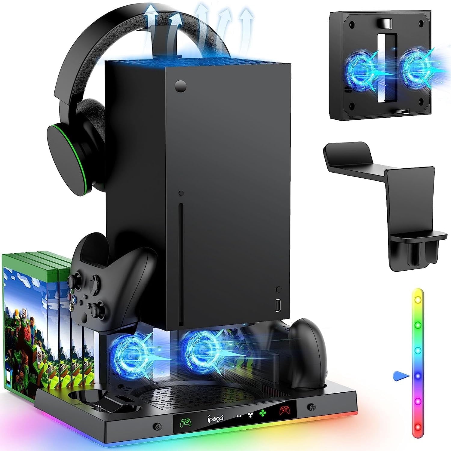 Upgraded RGB Cooling Fan Charging Station for Xbox Series X Console & Controller Wireless Dual Charger Dock & Cooler System Stand with 15 Colorful Light Modes for Xbox Series X & Accessories Storage
