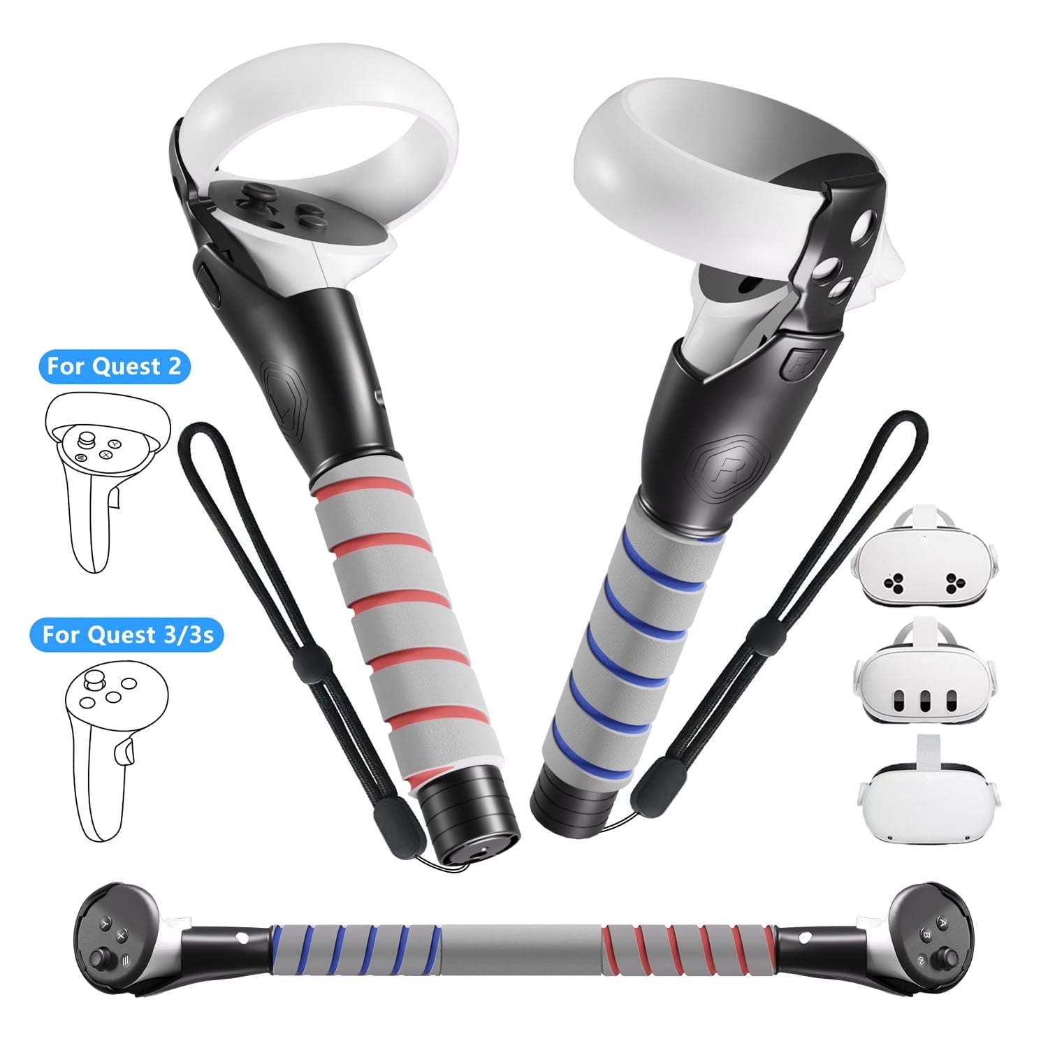VR Accessories Handle Attachments for Meta/Oculus Quest 2/3/3S Dual Handles and Long Stick Handle Extension Grips to Play Multiple VR Games Gorilla Tag Long Arms Grips Beat Saber Golf Club Baseball