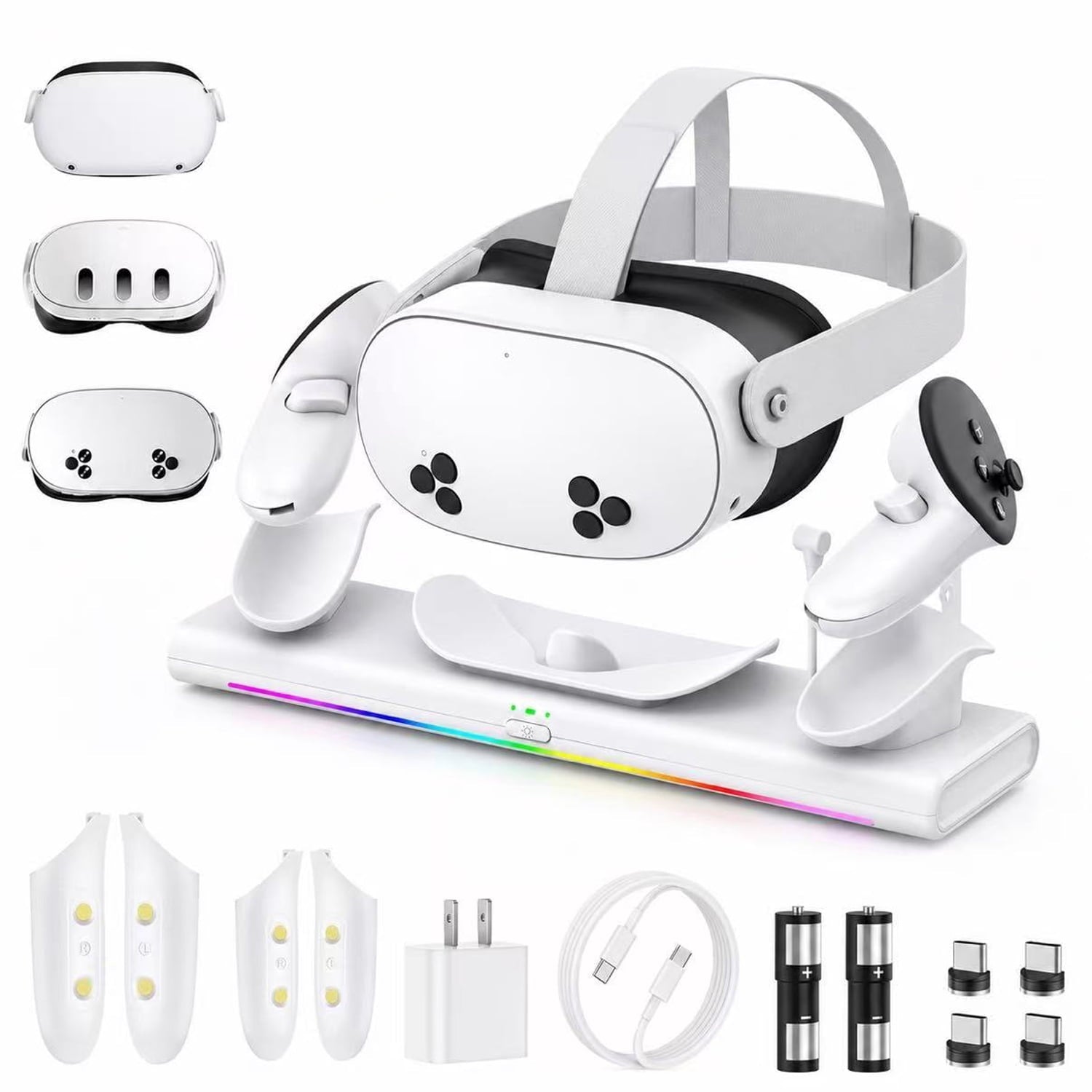 VR Charging Dock for Meta Quest 3S/3/2 PD 20W Fast Charging Station Meta/Oculus Quest 3S/3/2 Accessories Magnetic Charger Stand for VR Headset/Controller RGB Light Rechargeable Batteries