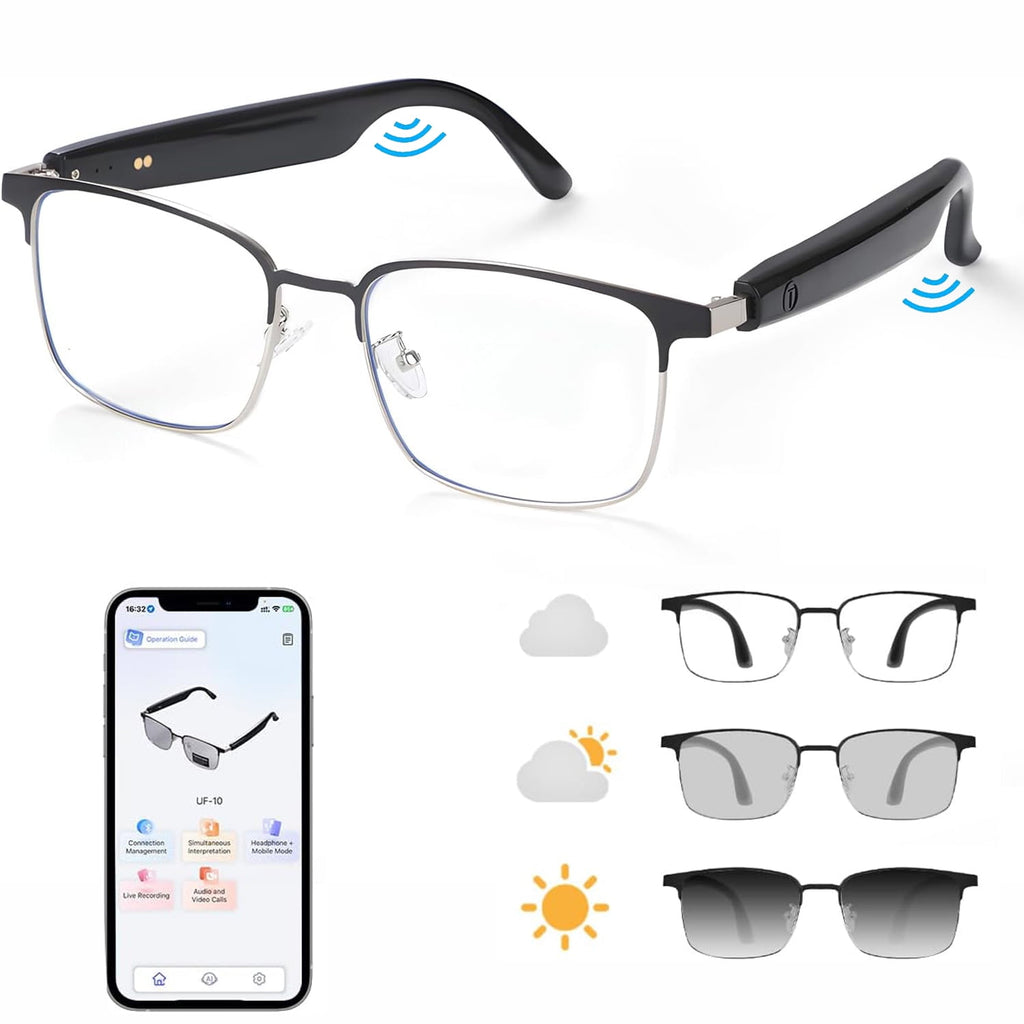 Wiher Smart Glasses with AI Translation Bluetooth Audio Sunglasses with Photochromic Lenses Voice Assistant Real-Time Translation Supports 144+ Languages Great for Business Travel Silver