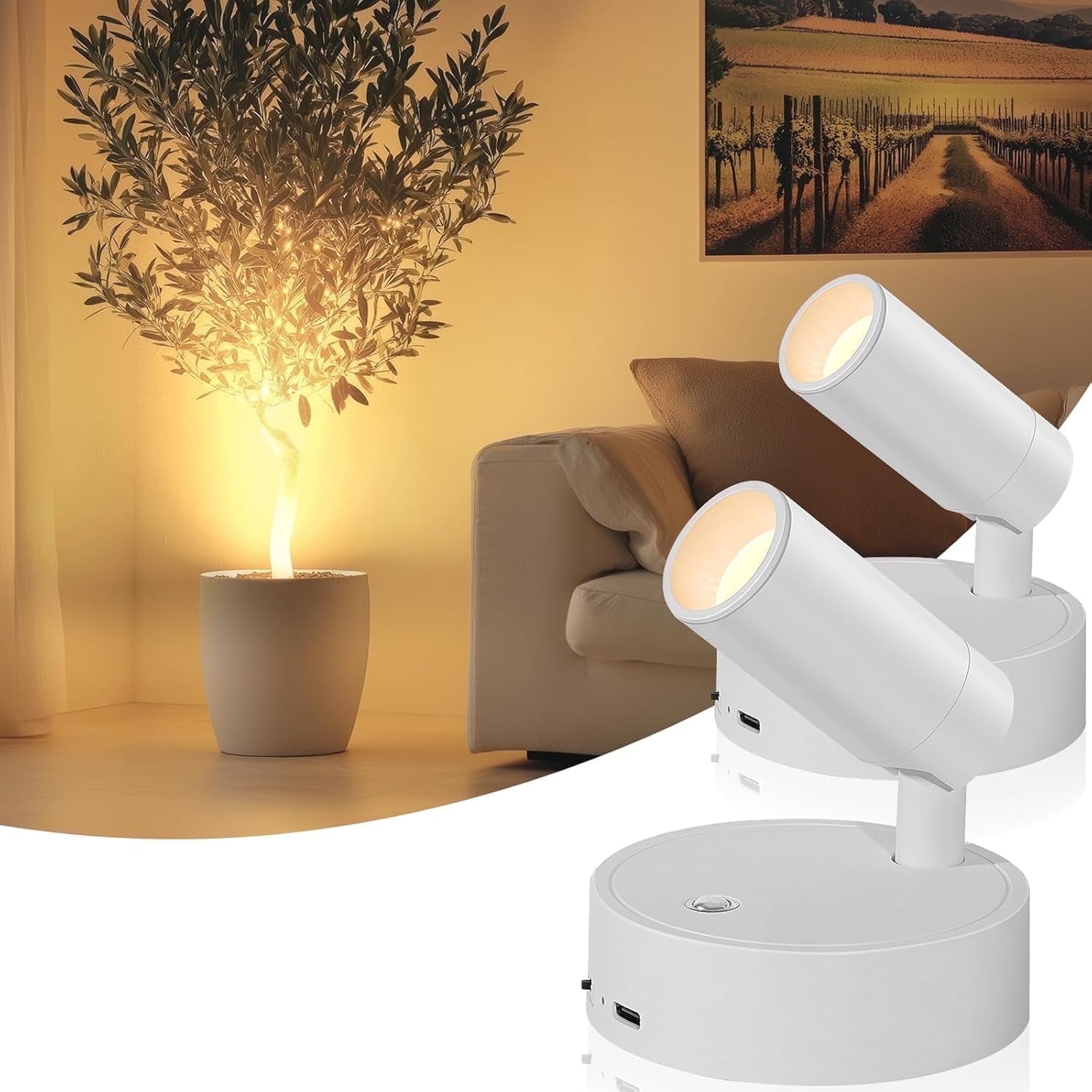Wireless Led Spotlight Indoor Rechargeable Uplighting Indoor with Remote Dimmable 350° Rotate Battery Powered Ceiling Spotlight for Artwork Painting Tree White 2pcs