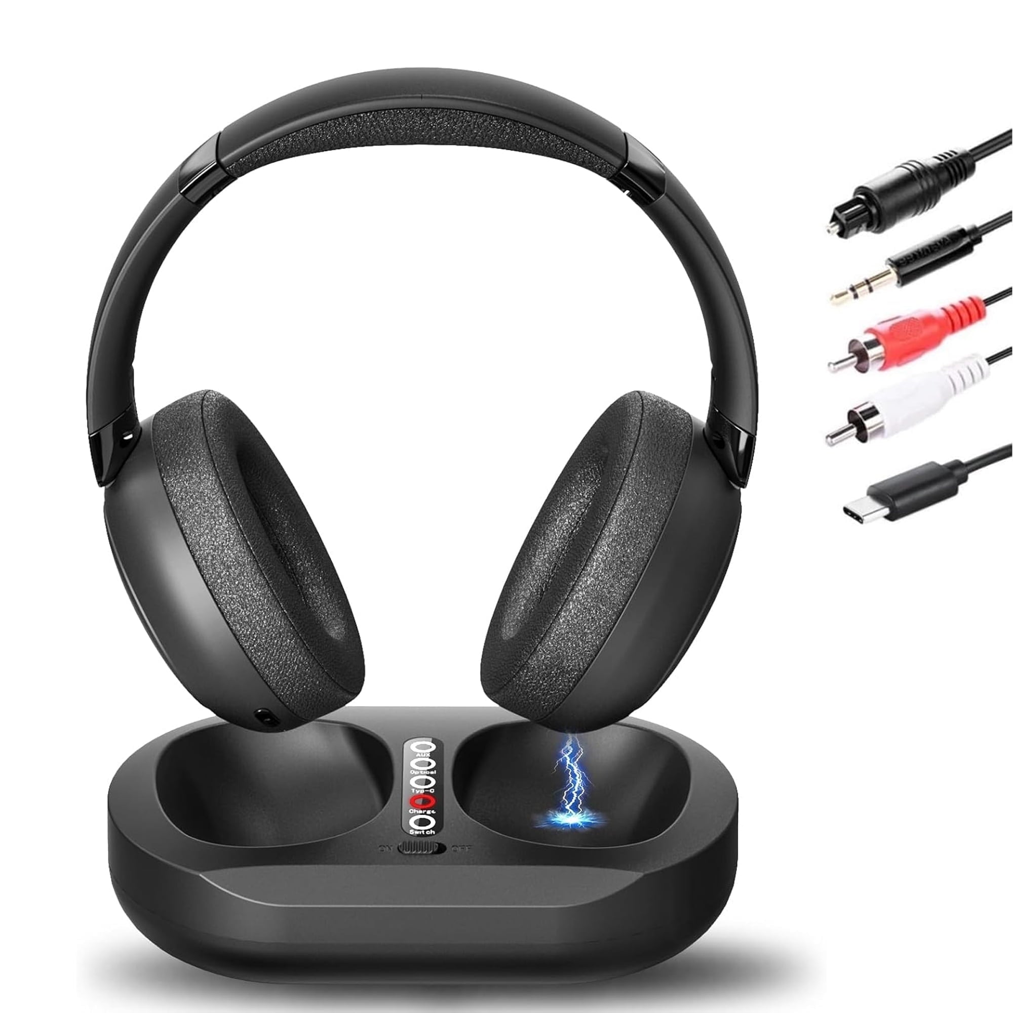 Wireless TV Headphones with 2.4G Digital RF Transmitter and Bluetooth Wireless Over Ear Headphone with Charging Base Support Optical/USB/RCA/BT No Audio Delay Compatible All TVs