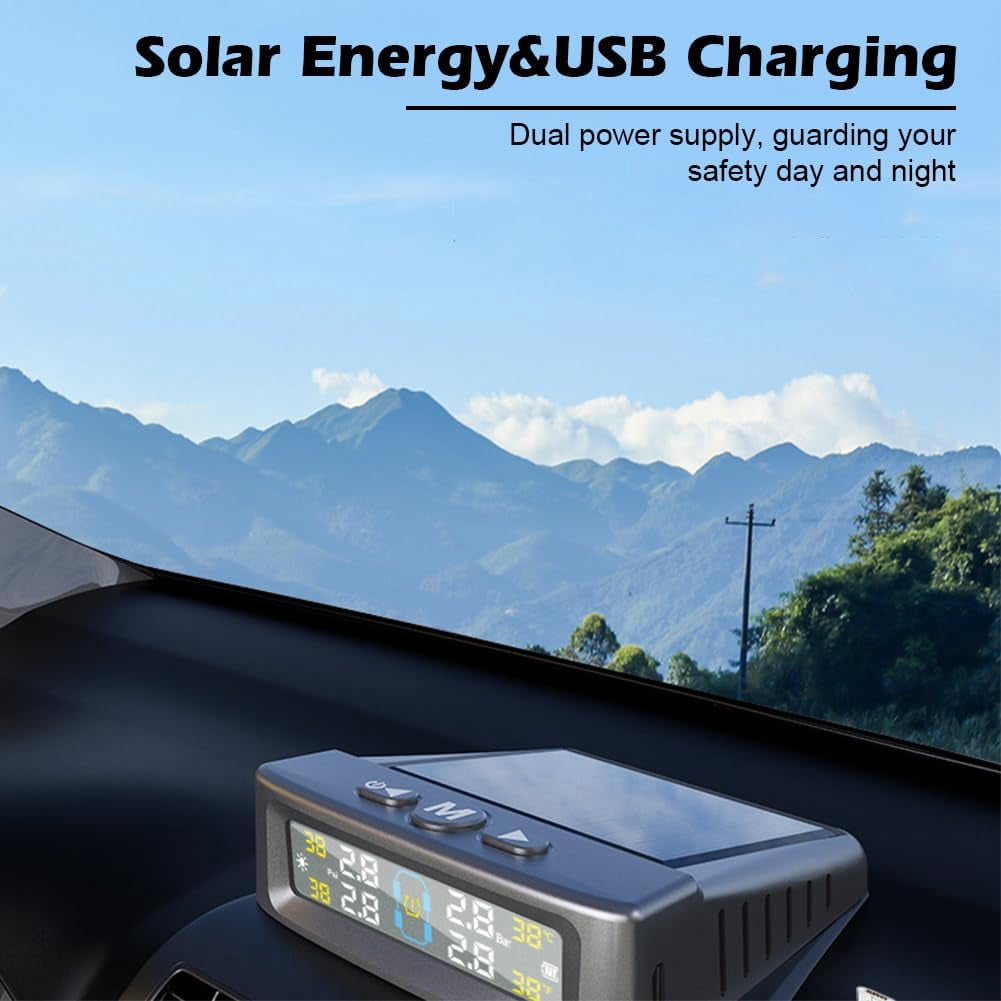RV Tire Pressure Monitoring System Tire Pressure Monitor with Solar Charge LCD Display Auto Sleep Mode for Trailer Truck Off Road Pickup(4 Sensors External Voice Version)