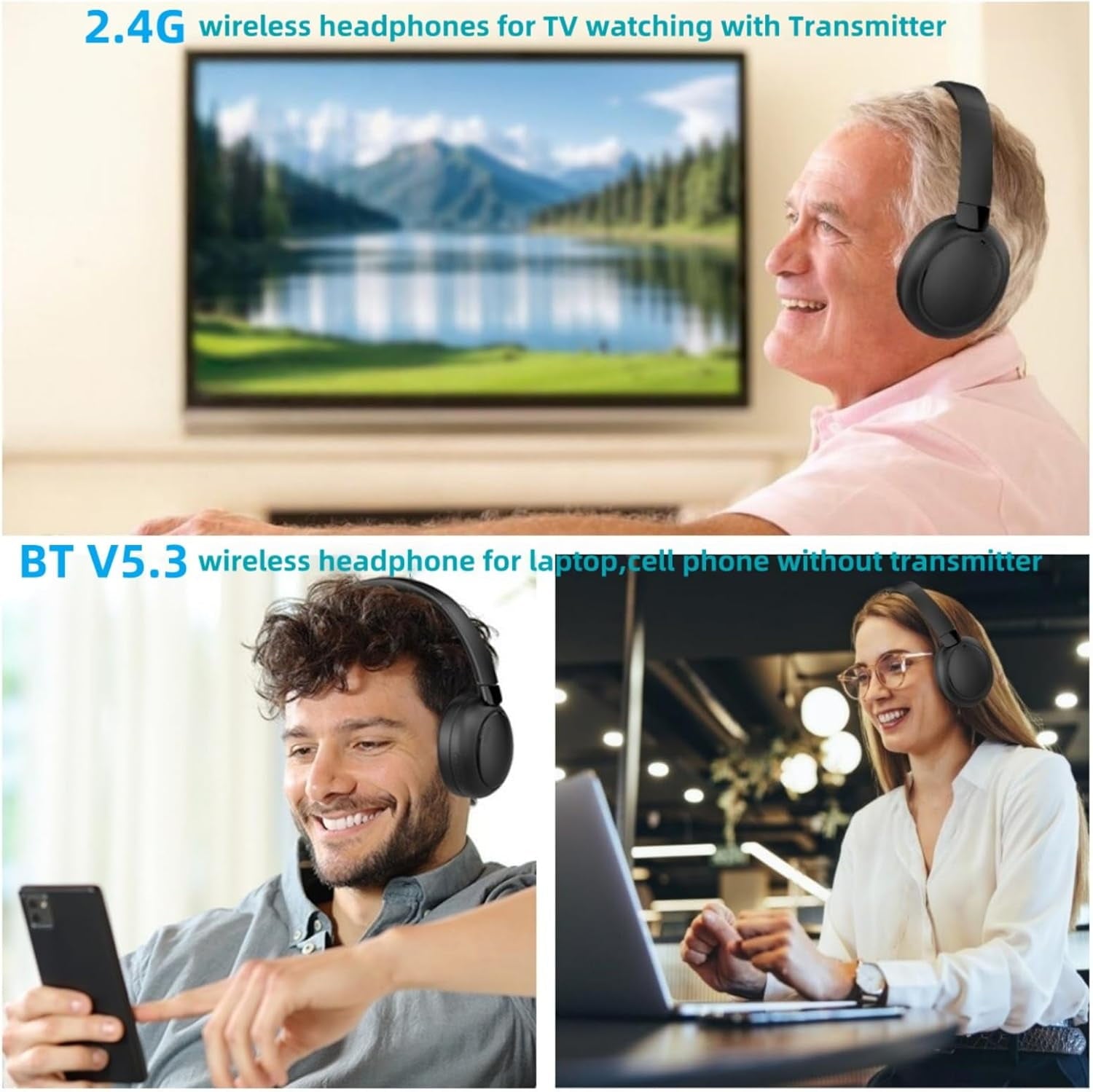 Wireless TV Headphones with 2.4G Digital RF Transmitter and Bluetooth Wireless Over Ear Headphone with Charging Base Support Optical/USB/RCA/BT No Audio Delay Compatible All TVs