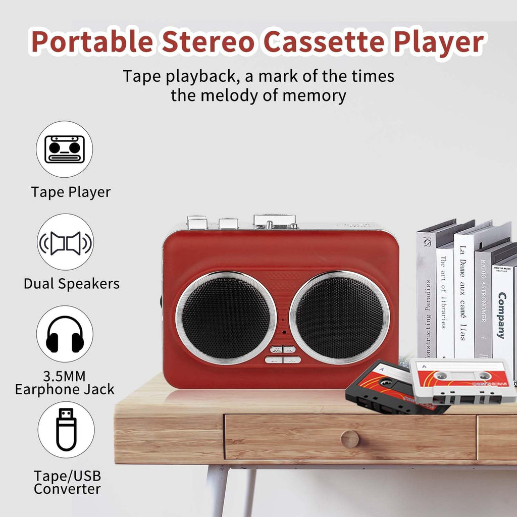Portable Cassette Player with Auto Reverse Convert Tapes to Digital Files via USB Cassette Audio Player Tape to MP3 Converter Powered by USB Power Cord or AA Battery - Red