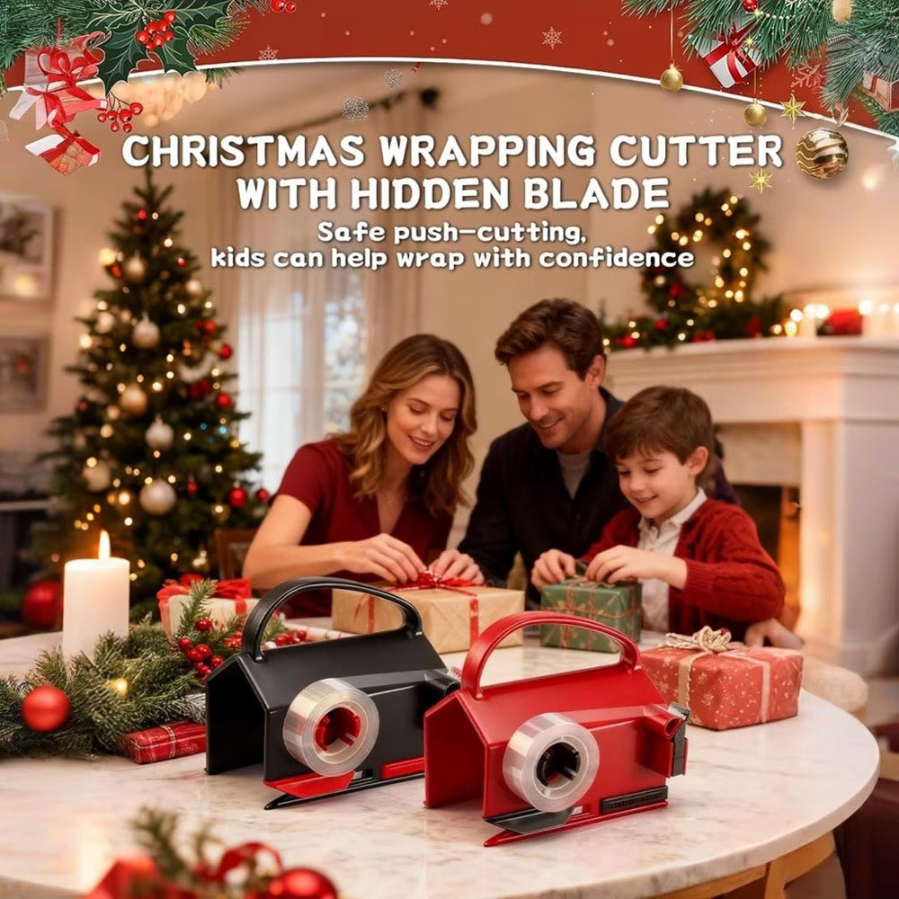 Wiher Wrapping Paper Cutter & Tape Dispenser, Gift Wrap Cutter Tool Dual Use Sliding Design with 4 Tapes & 2 Replacement Blades for Holiday & Birthday Gift Wrapping Paper Roll, 2 Pack（Black Red）