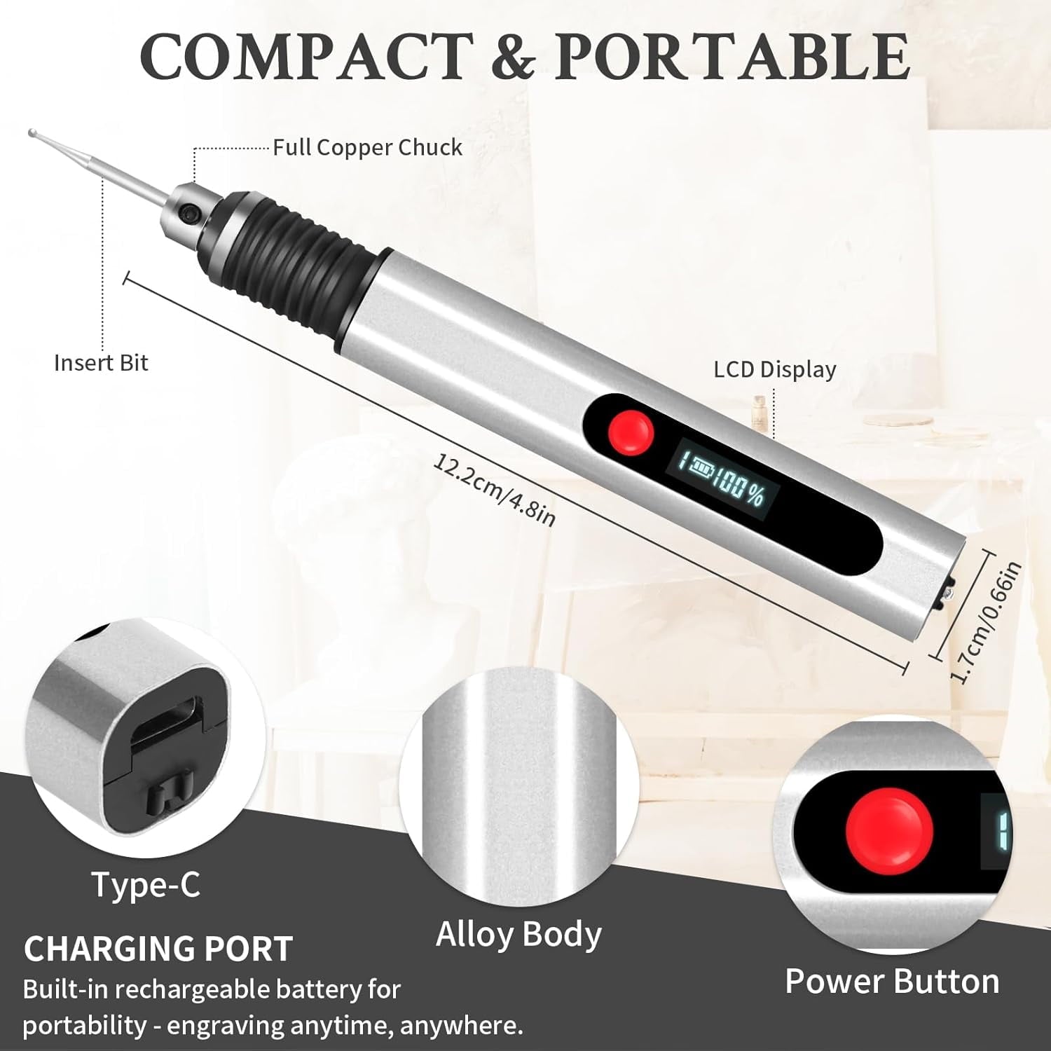 Wiher Engraving Pen with 30 Bits Mini Electric DIY Engraver Cordless Rotary Tools Portable Engraving Pen for Metal Wood Glass and Plastic Jewelry (Silver)