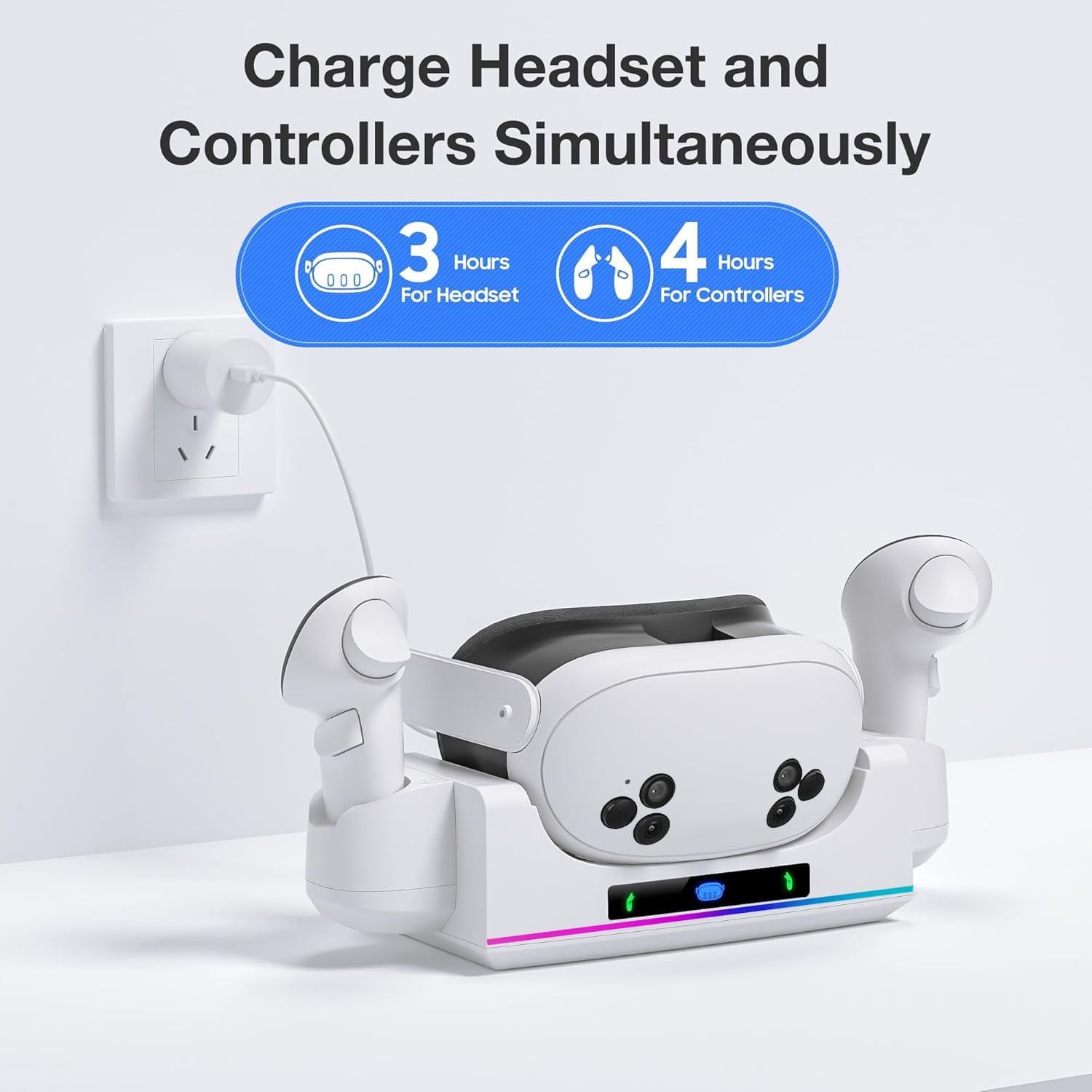 RGB Charging Dock for Oculus/Meta Quest 3S VR Headset and Controller Fast Charger Base Wall Mount Charging Stand for Meta Quest 3S Accessories with 2 Rechergeable Dual-Use