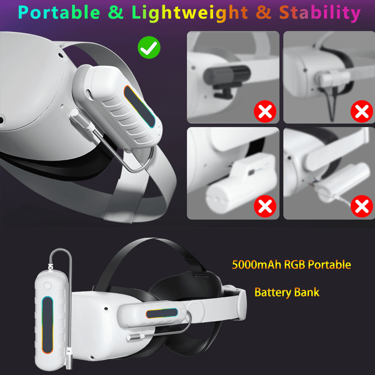 Battery Pack for Oculus Quest 2/3/3S RGB Light 5000mah Battery Pack For Meta Quest 2/Quest 3/Quest 3S VR Mini Power Bank High Speed VR Extend Battery Accessories Extra 2H-4H Playtime