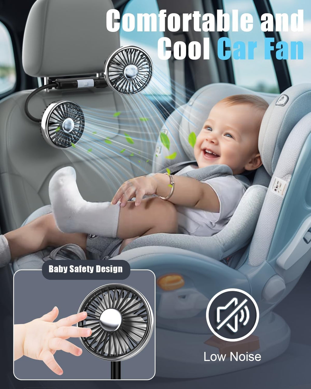 Dual Head Car Fan with Lights USB Car Rear Seat Ventilation Fan 3 Speeds and 360 Degree Rotatable Cooling Car Fans for Vehicles RV SUV Truck
