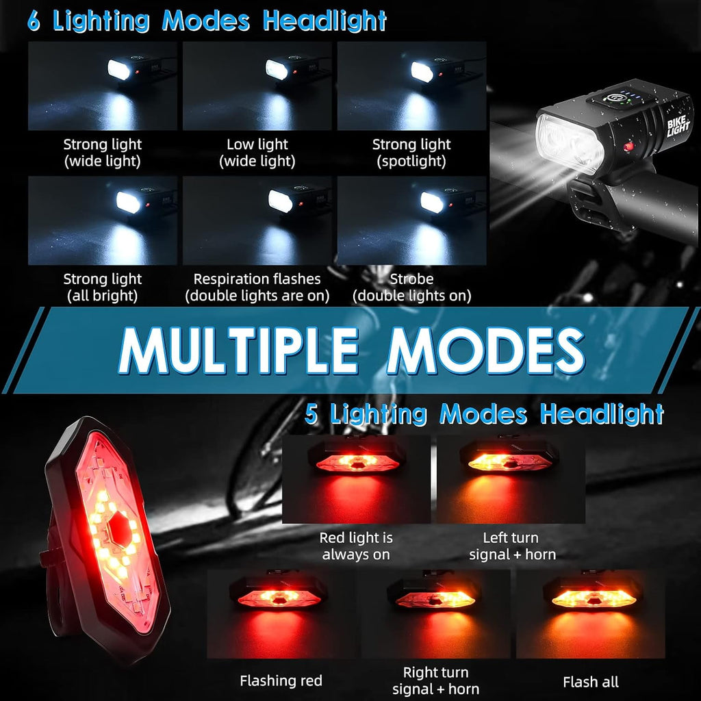 Bike Light Set with Bike Horn Alarm Remote Control Bike Tail Light with Turn Signals Bike Headlight for Night Riding Rechargeable Rear and Front Bike Light