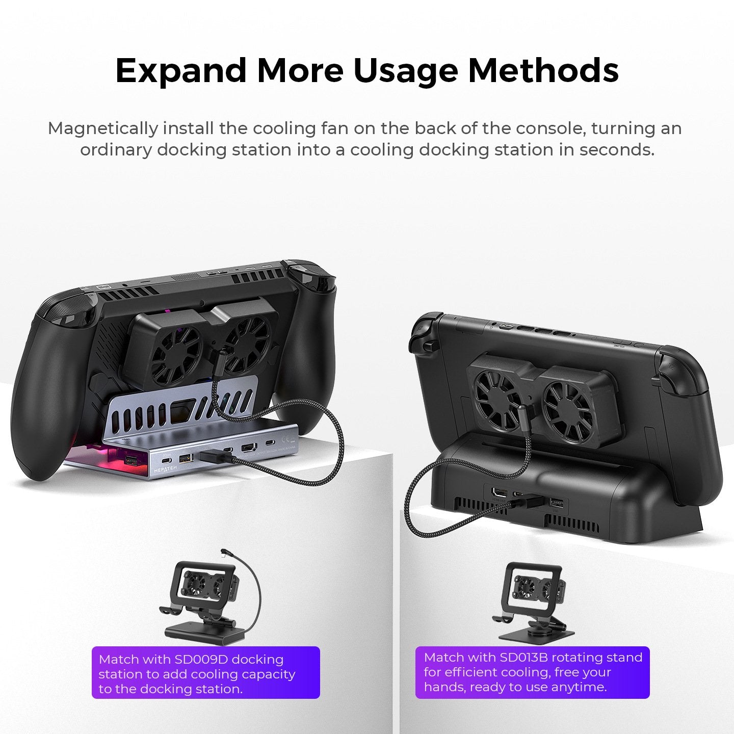 Dual Cooling Fan for Steam Deck/ROG Ally X/Legion Go, Portable Fan Cooler with 3 Adjustable Speed, USB-C Powered Game Console Cooler