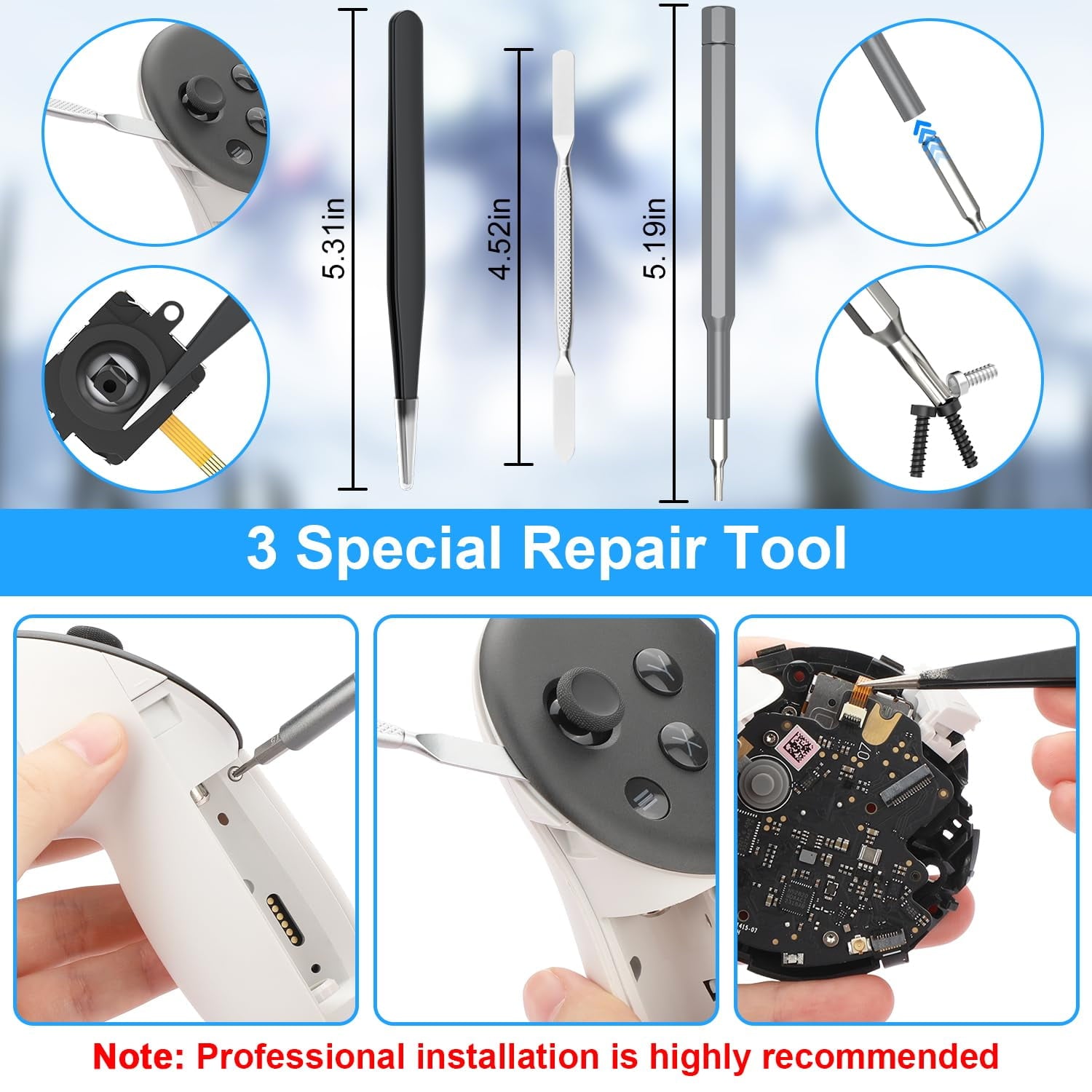 Joystick Replacement Kit for Oculus Quest 2 Repair Kit for Meta Quest 3 Controller 13 in 1 Joystick Thumbstick Cap Replacement Accessories Parts Drift Repair with Tools