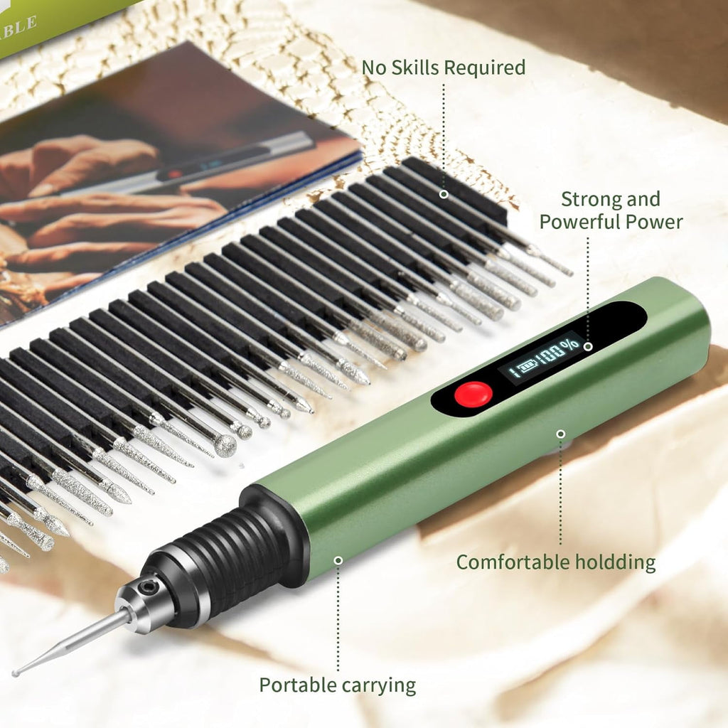 Wiher Engraving Pen with 30 Bits Mini Electric DIY Engraver Cordless Rotary Tools Portable Engraving Pen for Metal Wood Glass and Plastic Jewelry (Green)