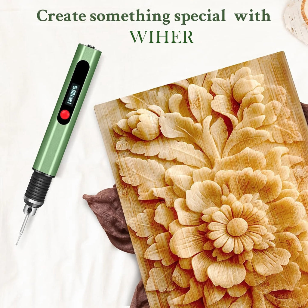 Wiher Engraving Pen with 30 Bits Mini Electric DIY Engraver Cordless Rotary Tools Portable Engraving Pen for Metal Wood Glass and Plastic Jewelry (Green)