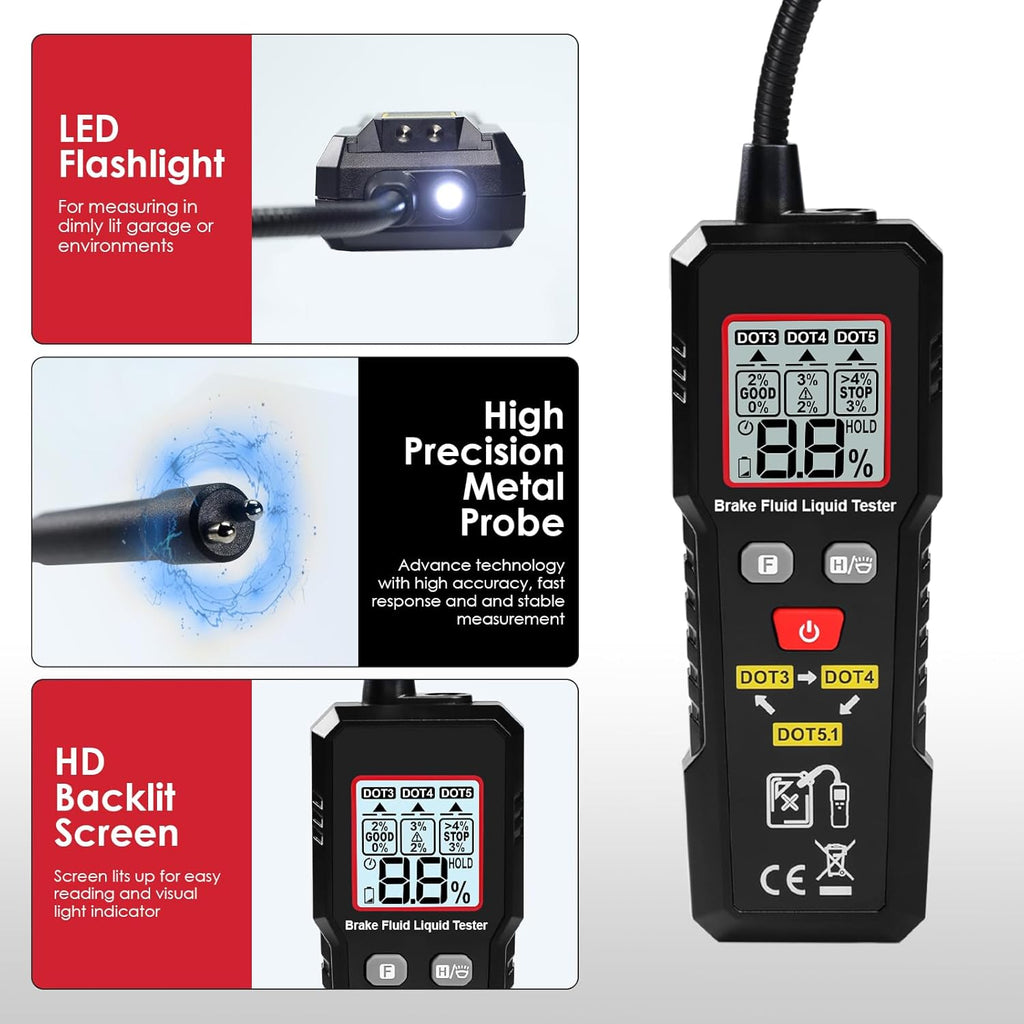 8.5-inch Digital Brake Fluid Tester Brake Fluid Moisture Tester with Light LCD Screen Data Hold 3 Colors Alarm for Auto Care for DOT3 DOT4 DOT5.1