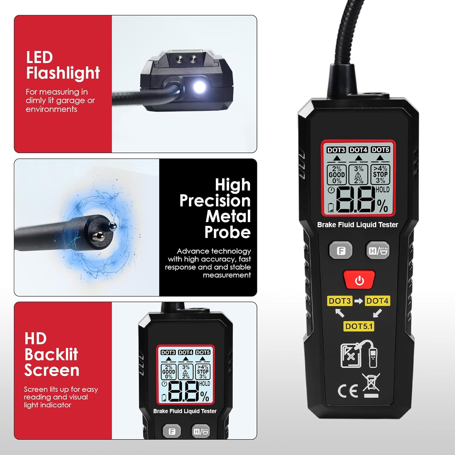 8.5-inch Digital Brake Fluid Tester Brake Fluid Moisture Tester with Light LCD Screen Data Hold 3 Colors Alarm for Auto Care for DOT3 DOT4 DOT5.1